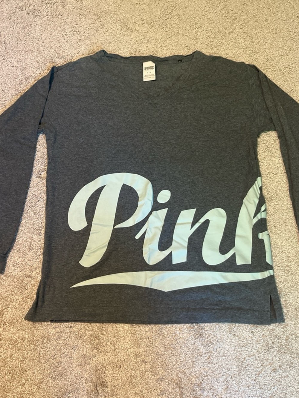 PINK Victoria's Secret Charcoal Gray Long Sleeve Tee with Mint Green Logo